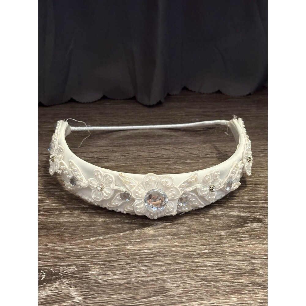 Beaded Lace Floral White Wedding Crown Tiara Princess Costume Vintage 80s 90s